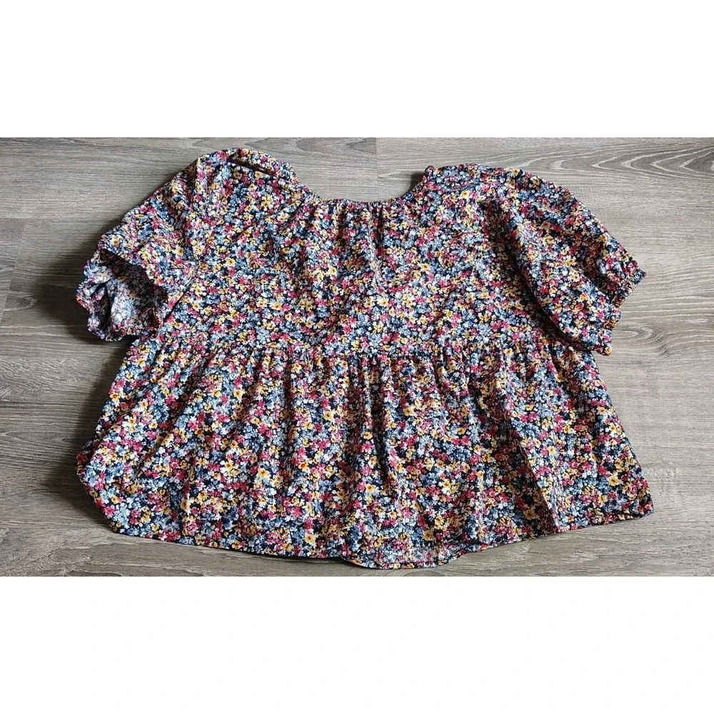 Floral Babydoll Blouse Women's XL Oversized Fit Puff Sleeves Cotton Gap/Old Navy